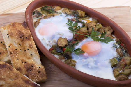 Turkish Style  Vegeterian Clay Pot with Turkish Breadの写真素材