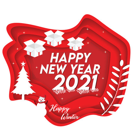 happy new year and happy winter with paper cut background, snow man, gift. vector illustrationのイラスト素材