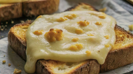 Grilled bread topped with melted cheese and golden crust on a plate