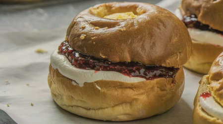 Jam-filled donut with sugar glaze on a light surface
