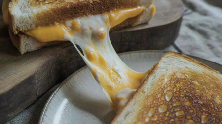Melted cheddar cheese stretching from crispy toasted bread slice on plate