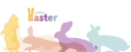 Colorful silhouette of rabbits - symbol of Easter. Lettering Happy Easterのイラスト素材
