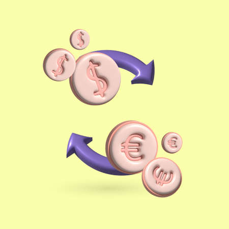 Coin dollar and euro with arrow, currency exchange transfer concept. Minimal cartoon, 3d...