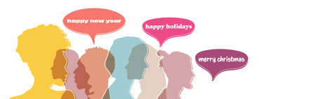 Man and woman head silhouettes with colorful speech bubbles with text Merry Christmas, happy holidaysのイラスト素材