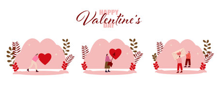Card, poster or loading page for Valentine's Day, with people holding the symbol of this holiday.のイラスト素材