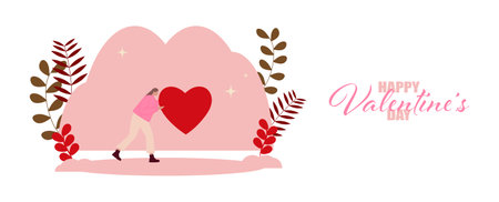 Card, poster or loading page for Valentine's Day, with people holding the symbol of this holiday.のイラスト素材