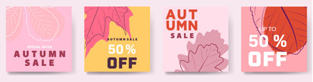 Set of minimal autumn posters with leaves. Autumn promotional sale design for advertising, banners, leaflets and flyers.のイラスト素材
