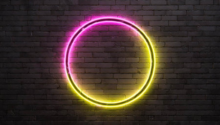 Geometric figures in neon light on dark backgroundの素材