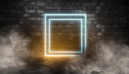 Geometric figures in neon light on dark backgroundの素材