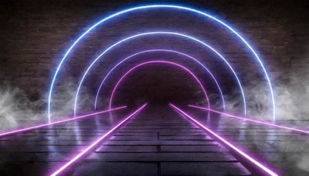 Geometric figures in neon light on dark backgroundの素材