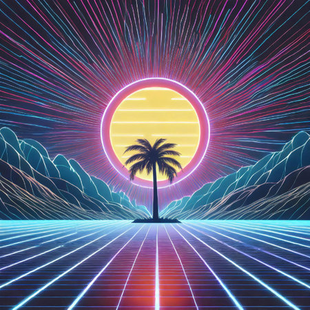 Retro background futuristic landscape, suitable for design in the style of the 1980`s.の素材