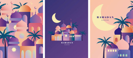 Ramadan Kareem. Islamic greeting card template with ramadan for design, poster, media banner.のイラスト素材