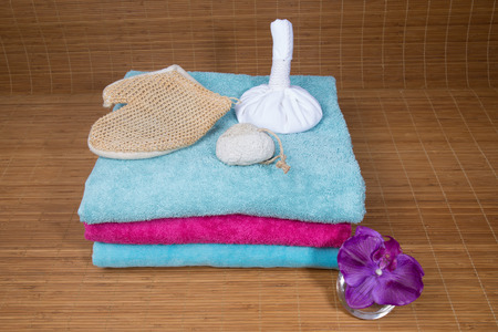 Spa still life with zen stones aromatic candles and orchids abstract backgroundの写真素材