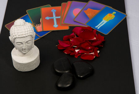 Clairvoyance equipment for fortunetelling on dark deskの写真素材