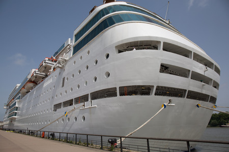 White Cruise ship docked in a portの写真素材