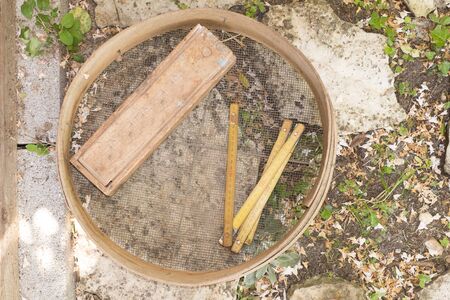 Gardening collage includes images of flower pots, garden supplies and meter  with vintage wooden box.の写真素材