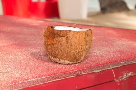 Close up view of nice fresh coconut in tropical environment