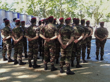 Military soldier parade under blue sky