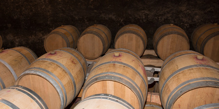 Wine barrels stacked in the old cellar of the winery