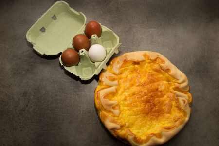 Tasty Fish pie under dark grey backgroundの写真素材