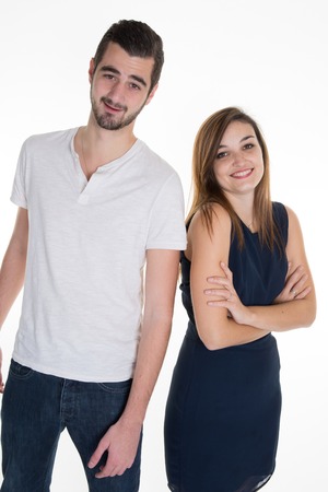 Portrait of happy couple isolated on white background. Attractive man and woman being playful.