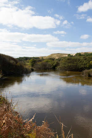 Beautiful summer landscape with river and blue skyの写真素材