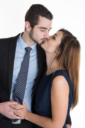 Portrait of happy beautiful couple isolated on white - portrait - caucasianの写真素材