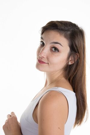 Portrait of smiling woman with beauty long brown hair - posing at studioの写真素材