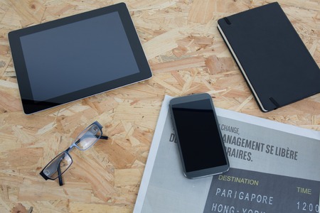 business, style, and objects concept - close up of  personal stuff on wooden floor