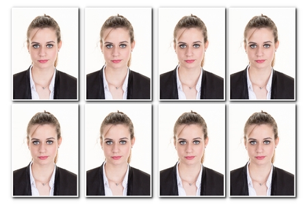 Identification photo of a girl for passport,  collage of 8 photosの写真素材