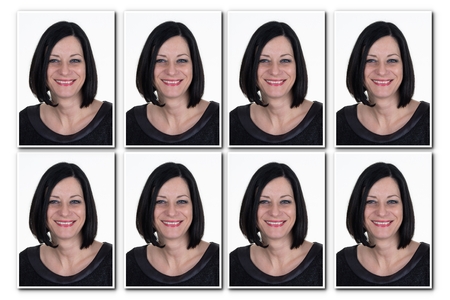 Passport picture of a woman with  dark hair - 8 photosの写真素材