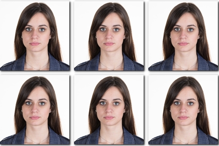 Smiling young woman or girl, teen face and shoulders id or collage for USA passportの写真素材