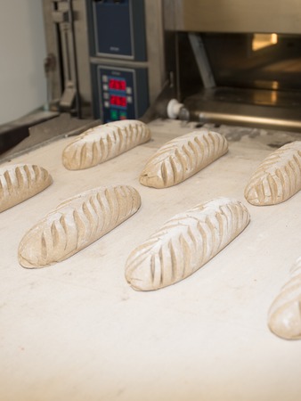 Baker taking fresh baked bread from oven. Manufacturing processの写真素材