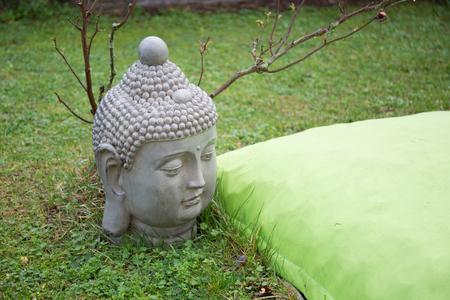 Symbol of meditation a Buddha's head with a large green pillow lying in the grassの写真素材
