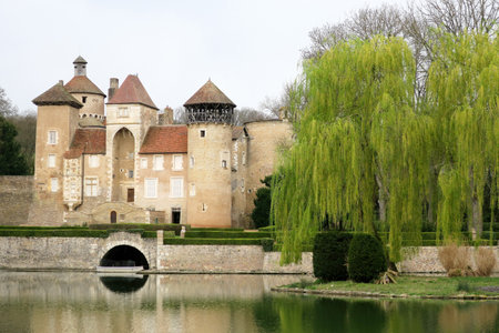 beautiful classic castle in the south of France with moat and a beautiful weeping willowのeditorial素材