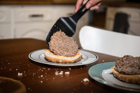 Fresh burger closeup on wooden rustic tableの写真素材