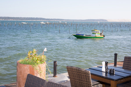 View of the terrace of a restaurant in Cap Ferret in Franceのeditorial素材