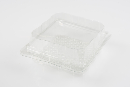 Transparent plastic food container. Catering food packaging. Disposable food boxの写真素材