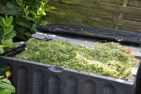 composter in the garden filled with freshly cut grass