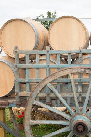 rear detail old cart with oak wine barrelの写真素材