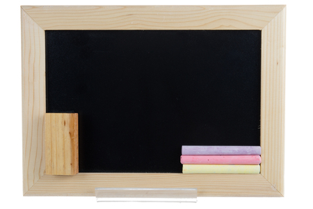 blank blackboard with chalks and a cleaning padの写真素材
