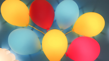 Color multicolor balloons on blue sky with light filter effect for happy birthday in summer and wedding honeymoon partyの写真素材