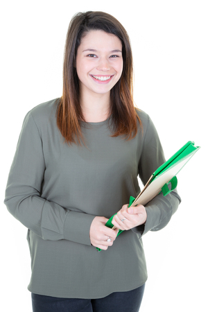businesswoman with colorful green brown folders isolated on white backgroundの写真素材