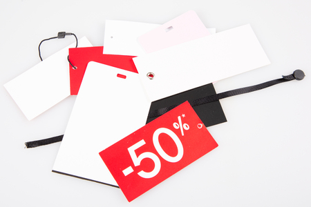 lot of tags labels sale 50% price for shop retal clothesの写真素材