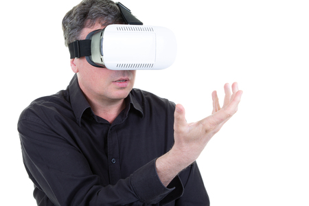 Man wearing playing future technology VR glasses