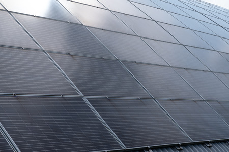 Solar panels panorama sun flare reflection