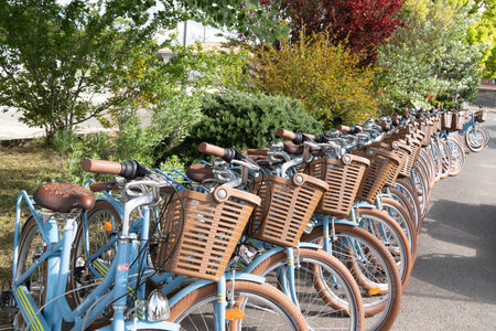 Saint Martin en Re - Ile de Re  Nouvelle Aquitaine / France - 05 04 2019 : parking bicycle for rent and sale for tourist service in summer vacationのeditorial素材