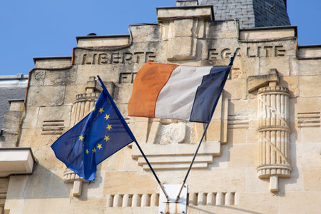 europa EU and french Flags in town city hall in Bordeaux metropoleのeditorial素材