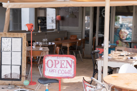 steel open sign board metal on restaurant cafe Open signboardのeditorial素材