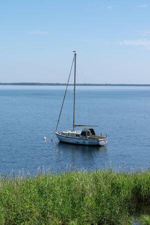 abandoned boat on the lake in Lacanau Gironde Franceの写真素材